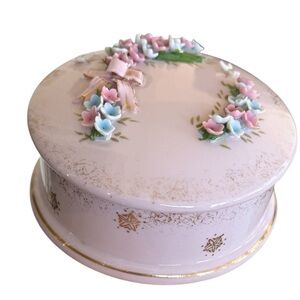 Vintage Art Deco Trinket Box. Pink with Delicate Gold Accents. (Mark N-8).